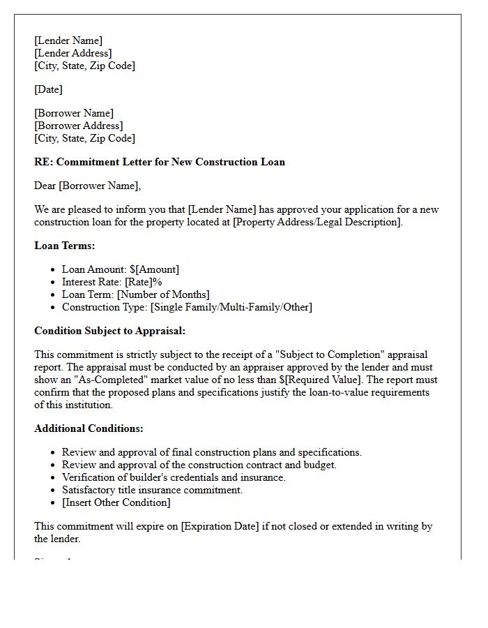 New Construction Loan Commitment Subject To Appraisal Letter