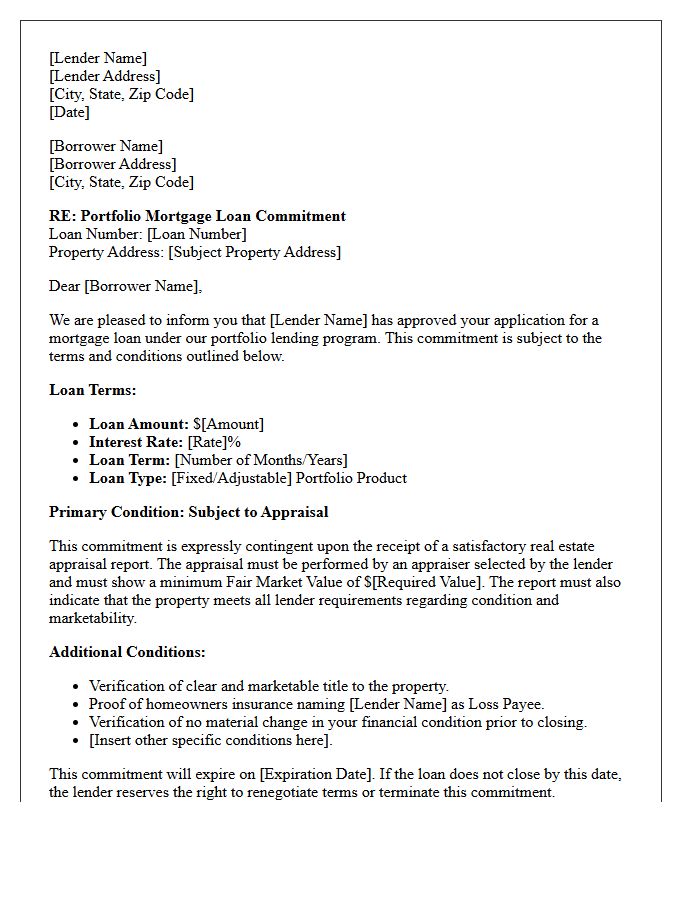 Portfolio Mortgage Commitment Subject To Appraisal Letter