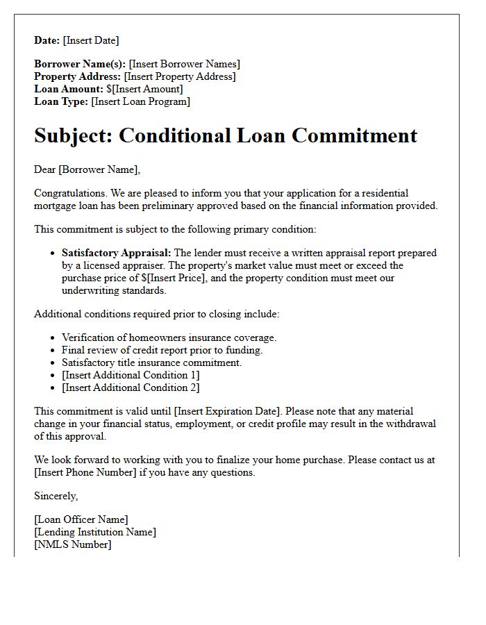 Residential Loan Commitment Subject To Appraisal Letter