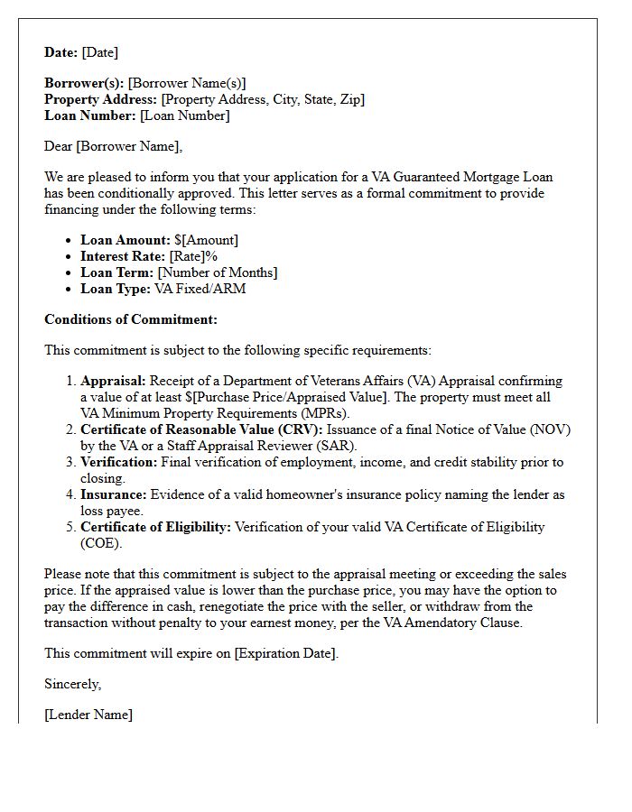 Veterans Affairs Mortgage Commitment Subject To Appraisal Letter