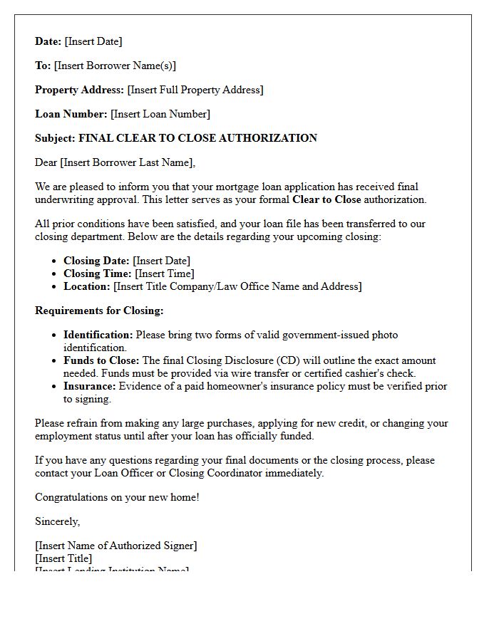 Final Clear To Close Authorization Letter