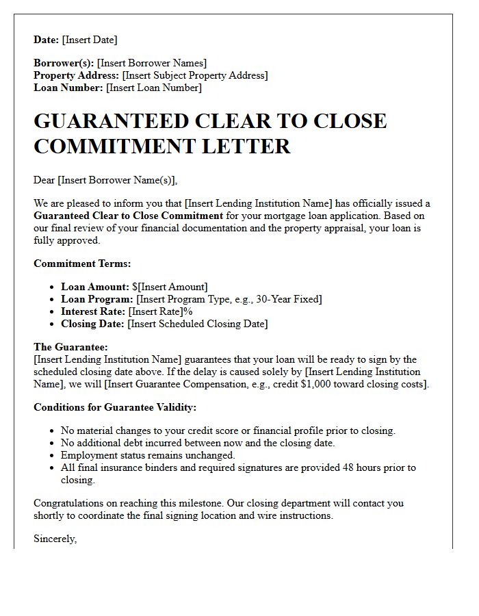 Guaranteed Clear To Close Commitment Letter