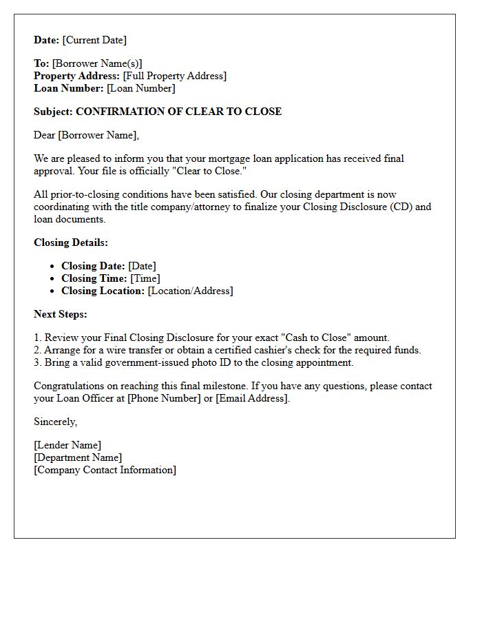 Lender Clear To Close Confirmation Letter