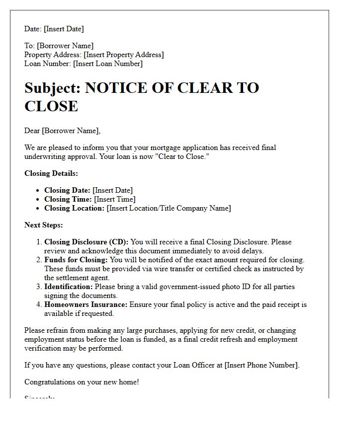 Residential Mortgage Clear To Close Letter