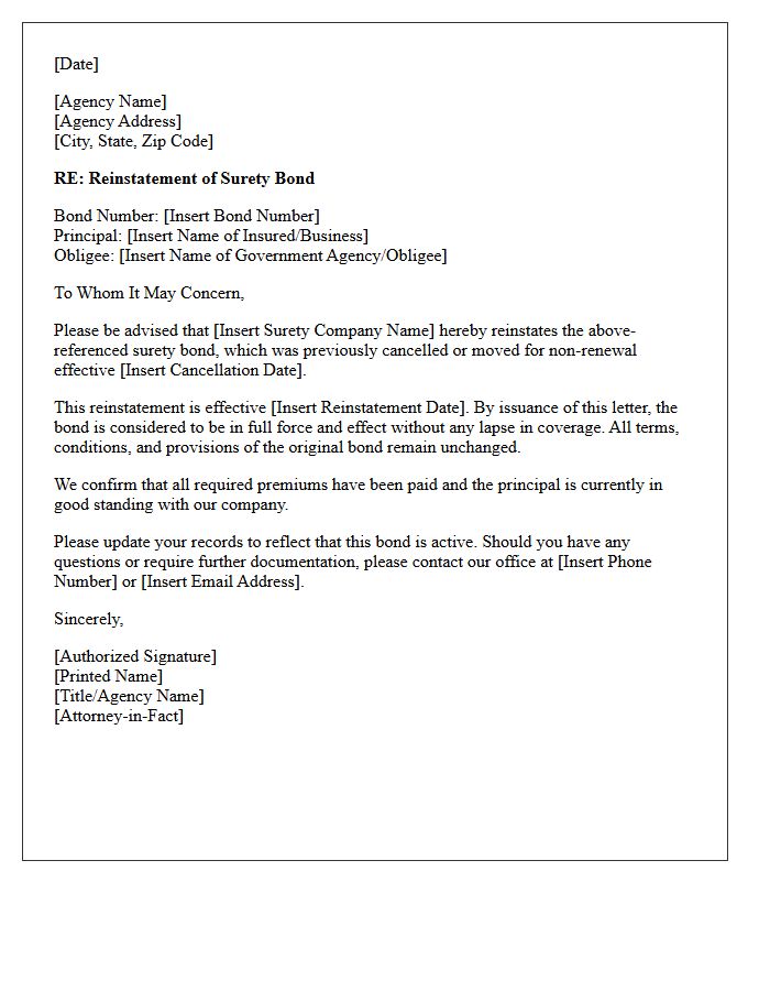 Agency Approved Surety Bond Reinstatement Letter