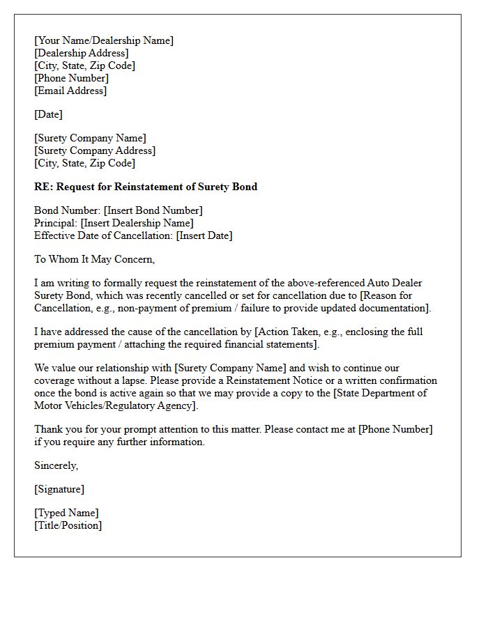 Auto Dealer Surety Bond Reinstatement Letter