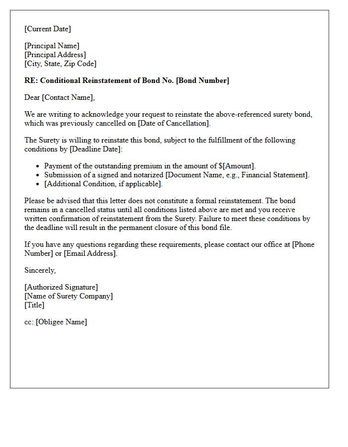 Conditional Surety Bond Reinstatement Letter