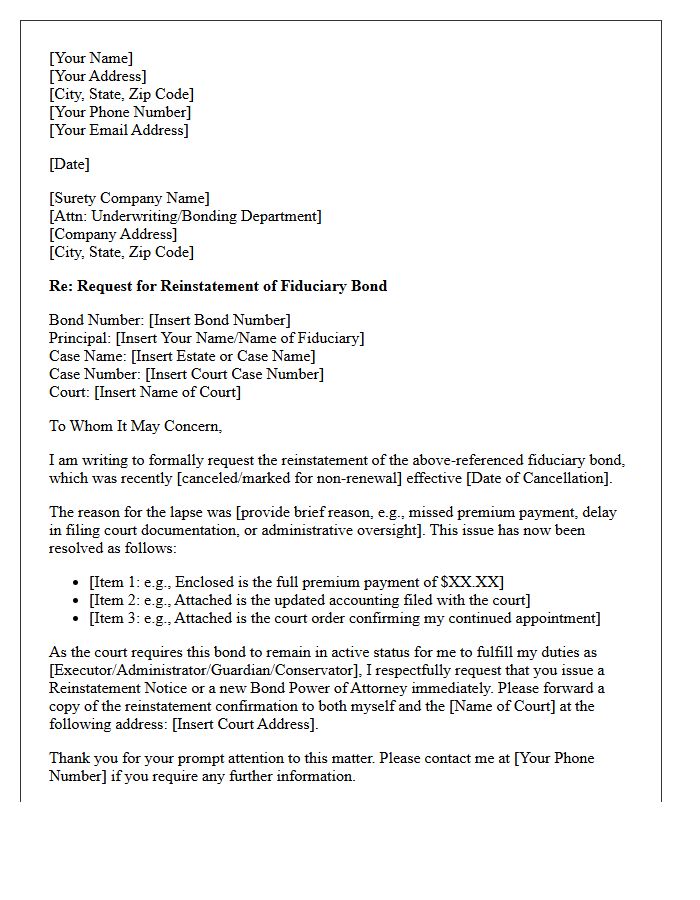 Court Fiduciary Surety Bond Reinstatement Letter