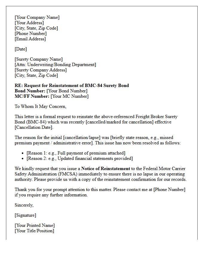 Freight Broker Surety Bond Reinstatement Letter