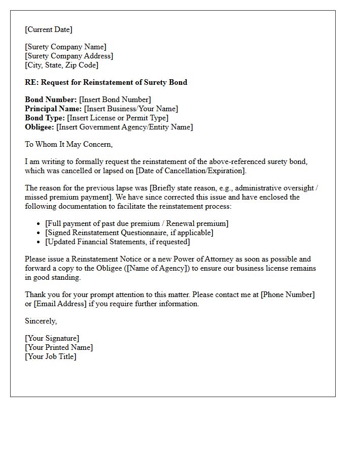 License and Permit Surety Bond Reinstatement Letter