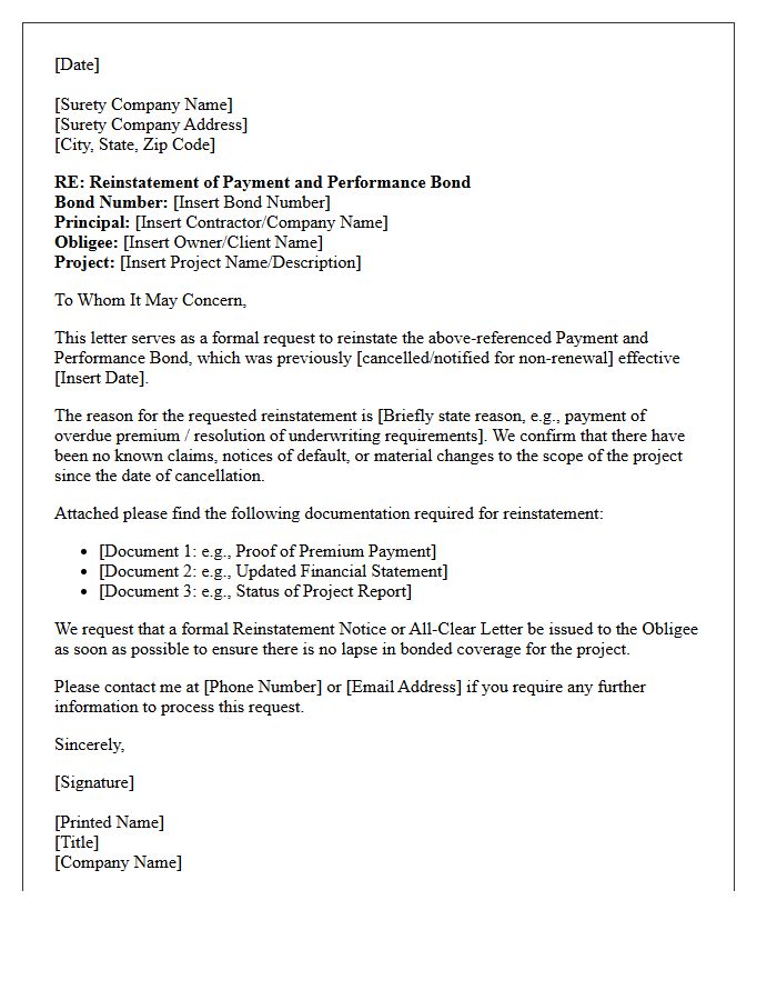 Payment and Performance Surety Bond Reinstatement Letter