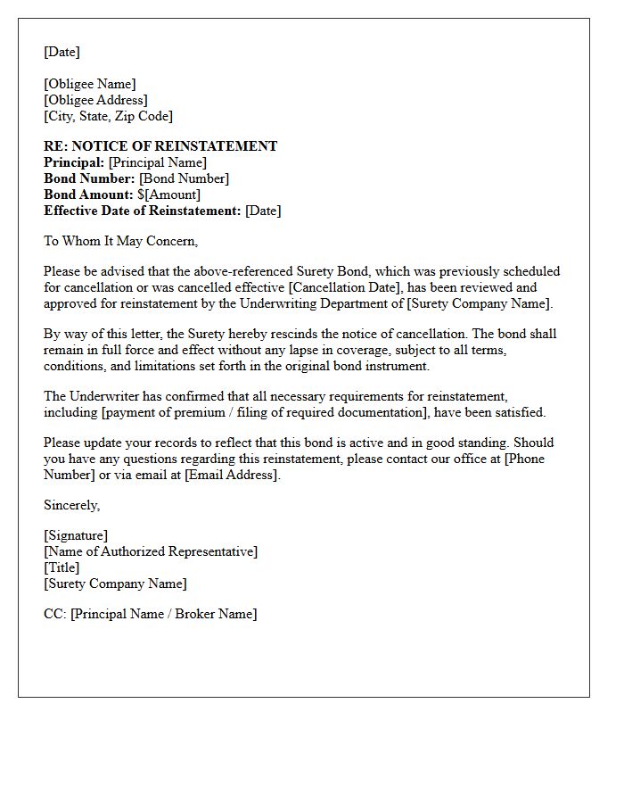 Underwriter Approved Surety Bond Reinstatement Letter
