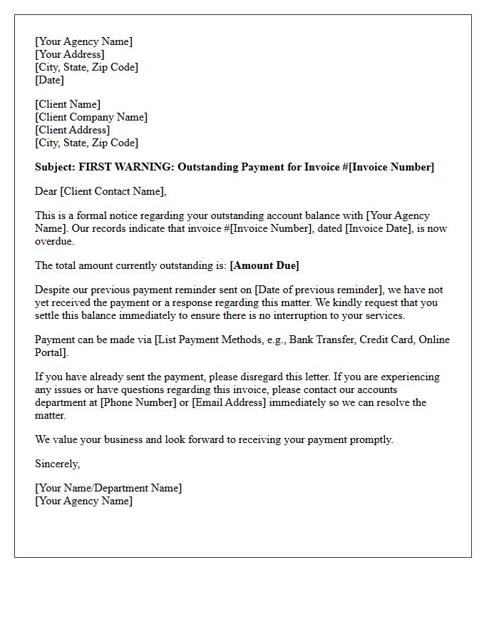 First Warning Letter for Unsettled Agency Invoice