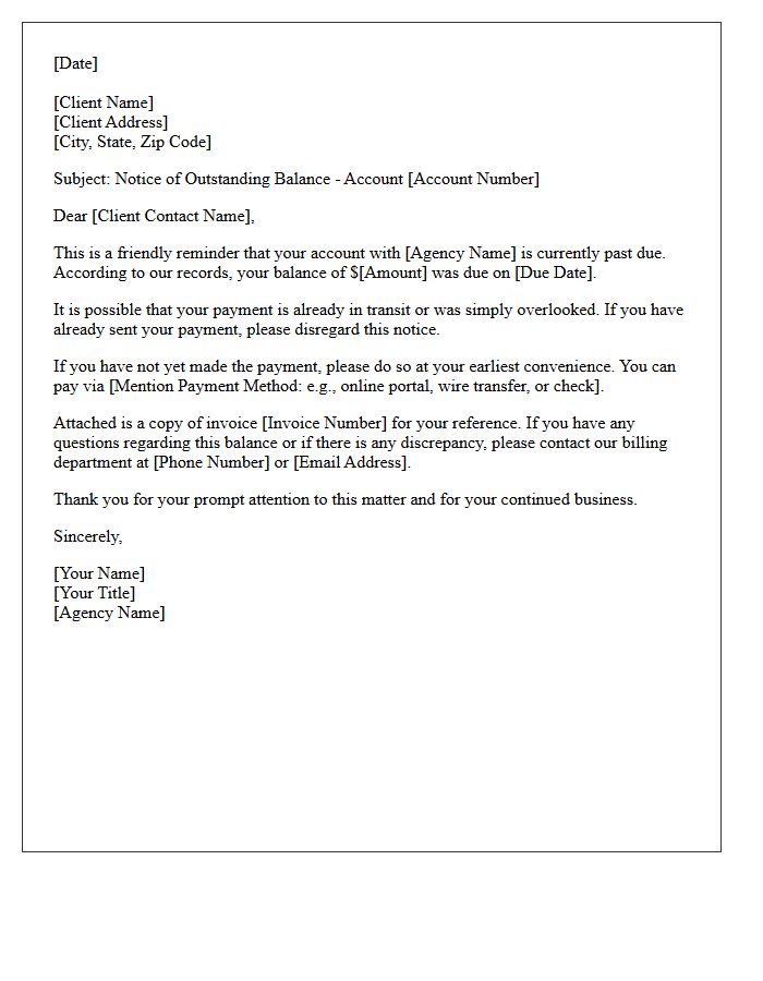 Initial Past Due Letter for Outstanding Agency Account