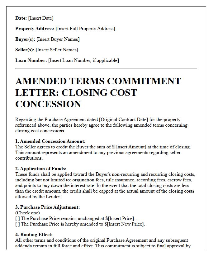 Closing Cost Concession Amended Terms Commitment Letter