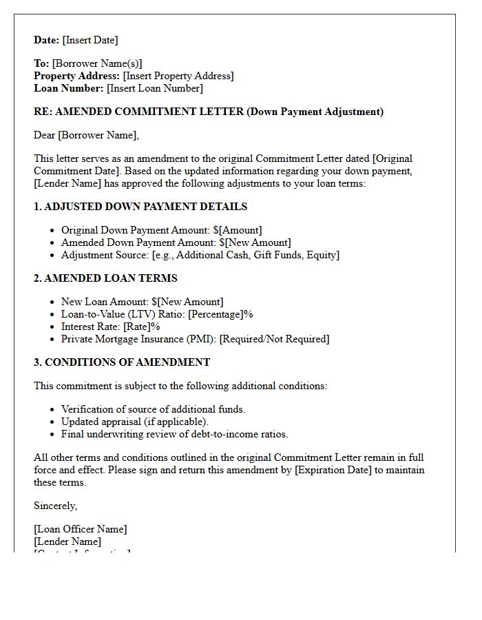 Down Payment Adjustment Amended Terms Commitment Letter