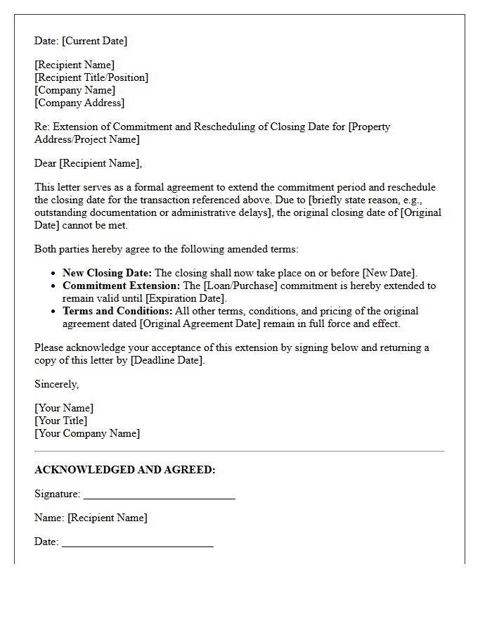 Closing Date Rescheduling Commitment Extension Letter