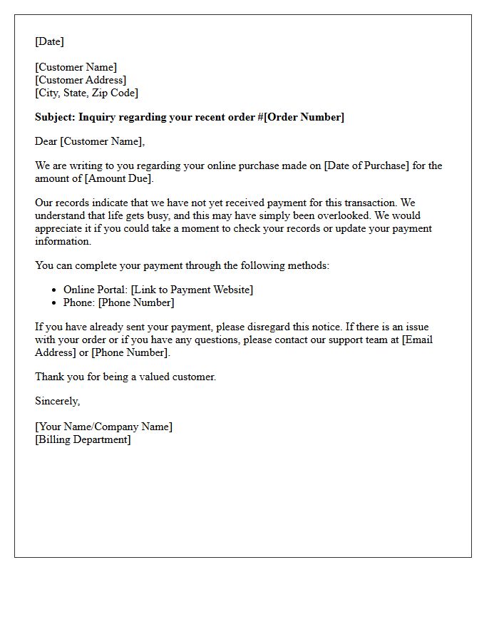 Soft Collection Inquiry Letter For Outstanding Online Purchase
