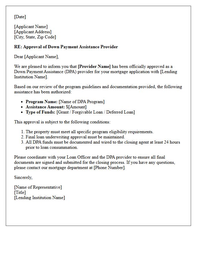 Approved Down Payment Assistance Provider Letter