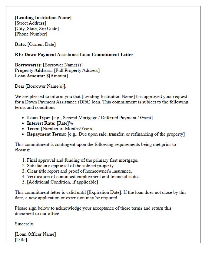 Down Payment Assistance Loan Commitment Letter