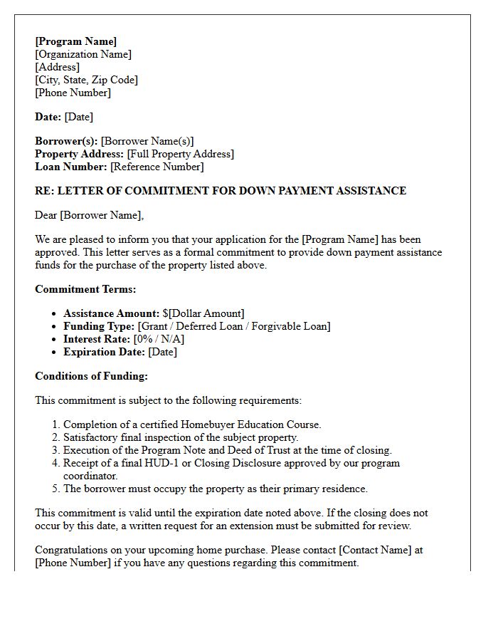 Down Payment Assistance Program Commitment Letter