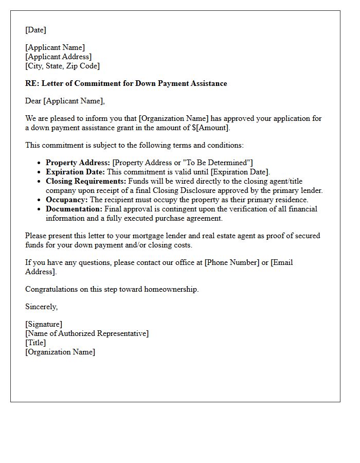 Down Payment Grant Award Commitment Letter