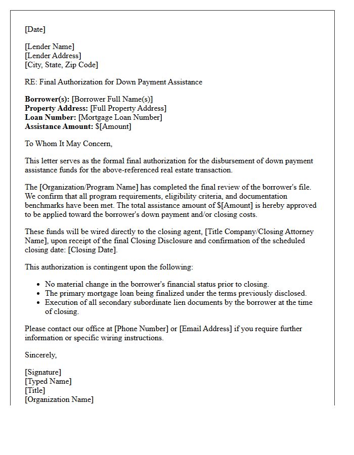 Final Down Payment Assistance Authorization Letter