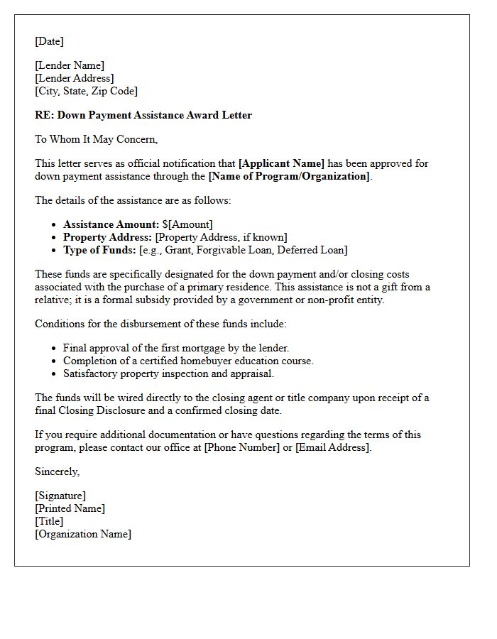 Official Down Payment Assistance Program Letter