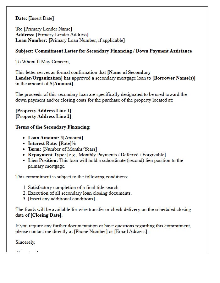 Secondary Mortgage Down Payment Commitment Letter