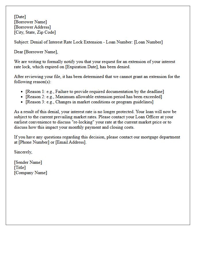 Borrower Interest Rate Lock Extension Denial Letter