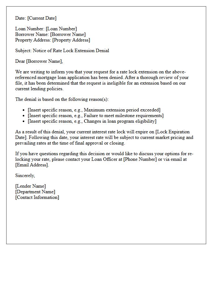 Ineligible Rate Lock Extension Denial Letter