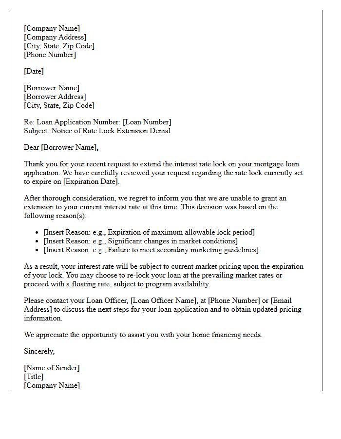 Standard Rate Lock Extension Denial Letter