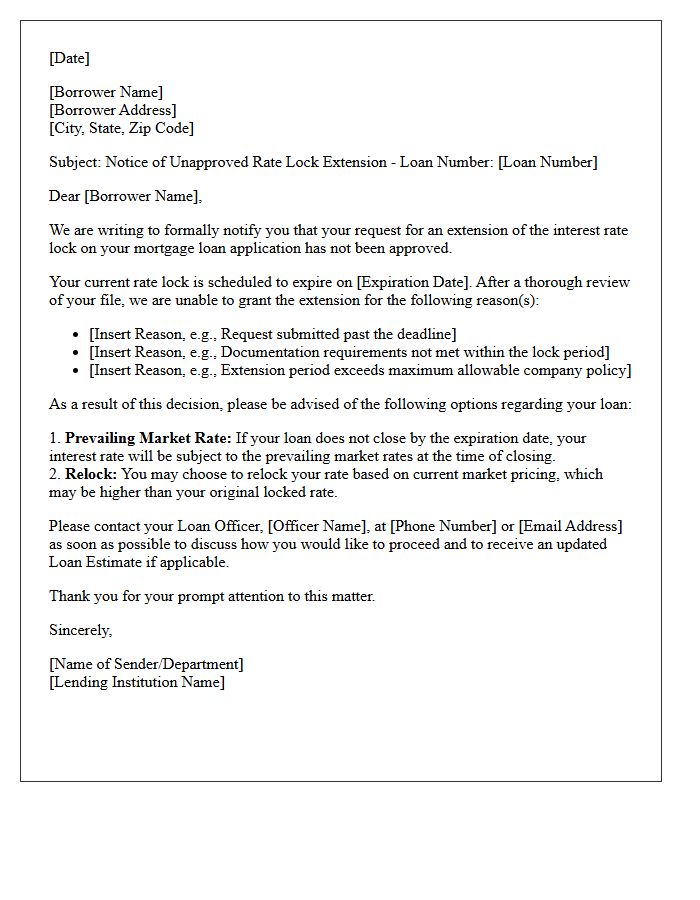 Unapproved Loan Rate Lock Extension Letter