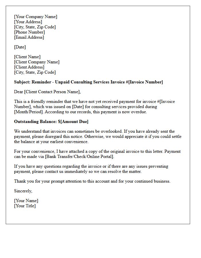 First Notice Reminder Letter for Unpaid Consulting Obligations