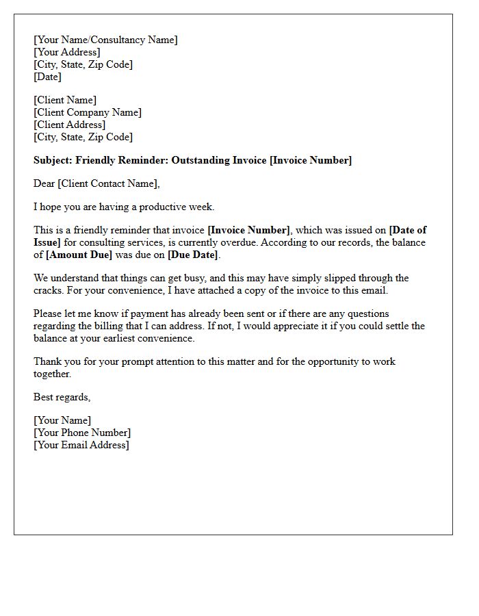 Friendly Reminder Letter for Unpaid Consulting Invoices