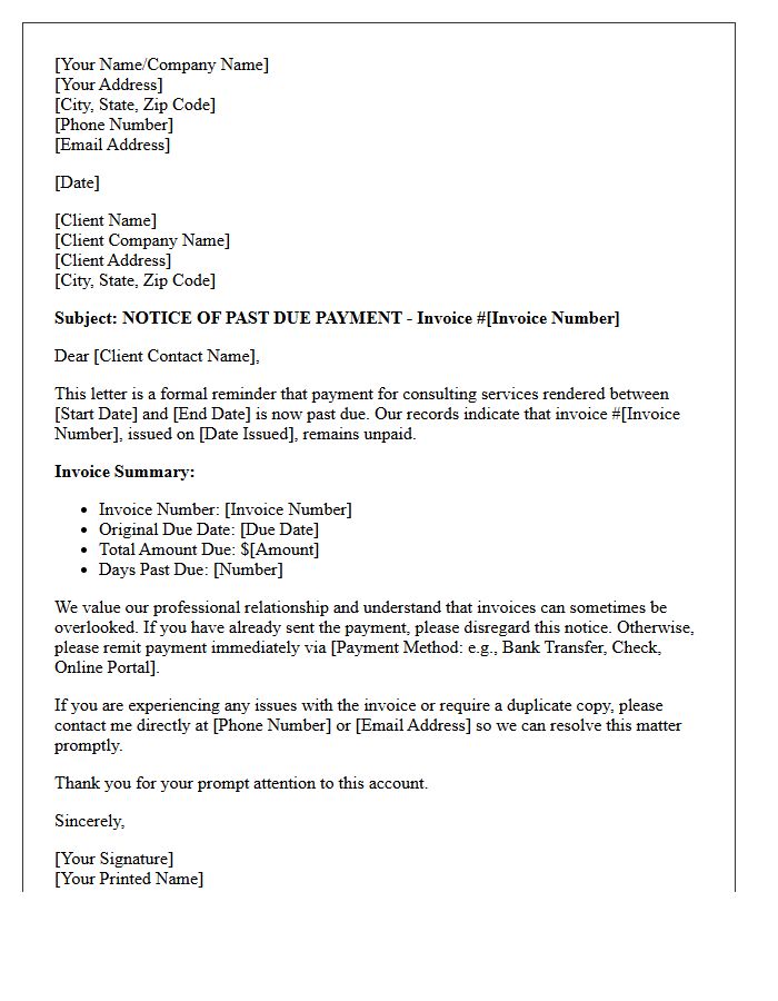 Past Due Notice Letter for Consulting Services Rendered