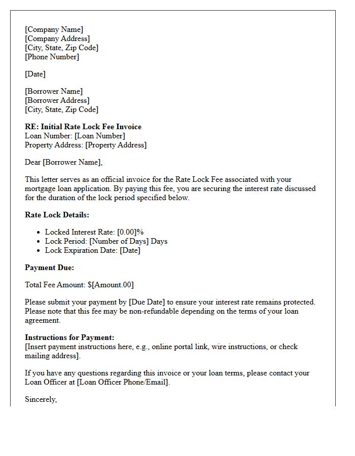 Initial Rate Lock Fee Invoice Letter