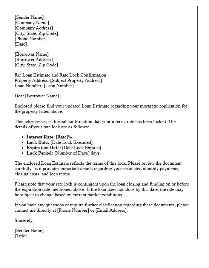 Loan Estimate Rate Lock Cover Letter