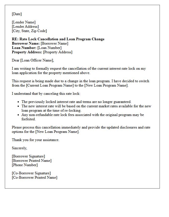 Change of Loan Program Rate Lock Cancellation Letter