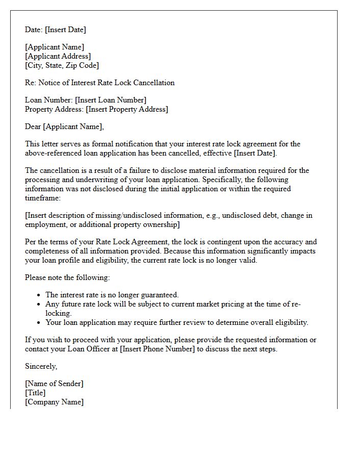 Failure to Disclose Information Rate Lock Cancellation Letter