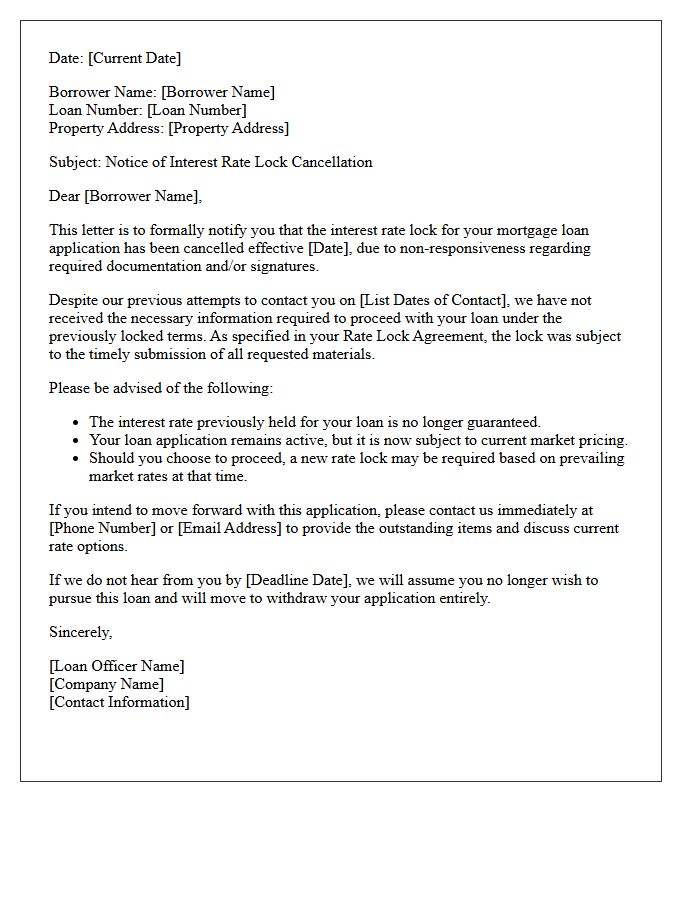 Non-Responsive Borrower Rate Lock Cancellation Letter