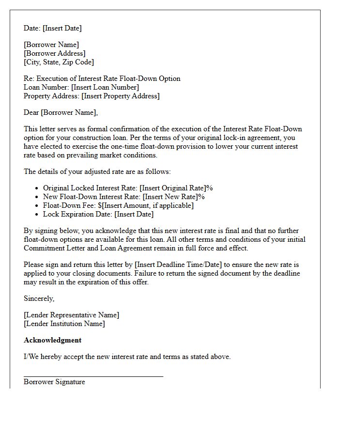 Construction Loan Float-Down Execution Letter