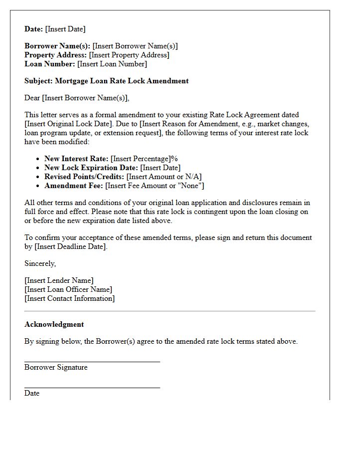 Mortgage Loan Rate Lock Amendment Letter