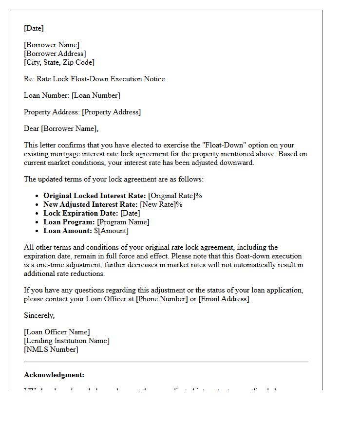 Standard Rate Lock Float-Down Execution Letter