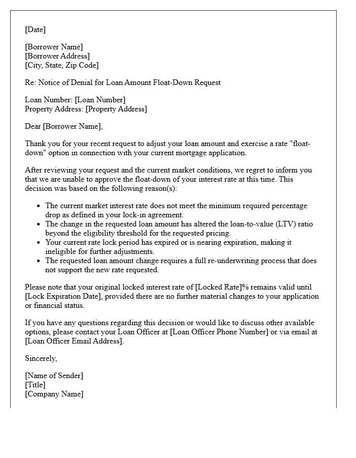 Change In Loan Amount Float-Down Denial Letter