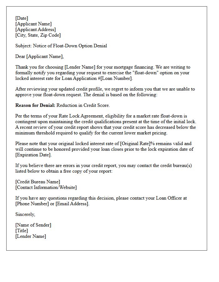 Credit Score Reduction Float-Down Denial Letter