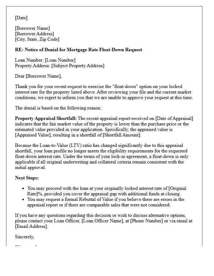Property Appraisal Shortfall Float-Down Denial Letter