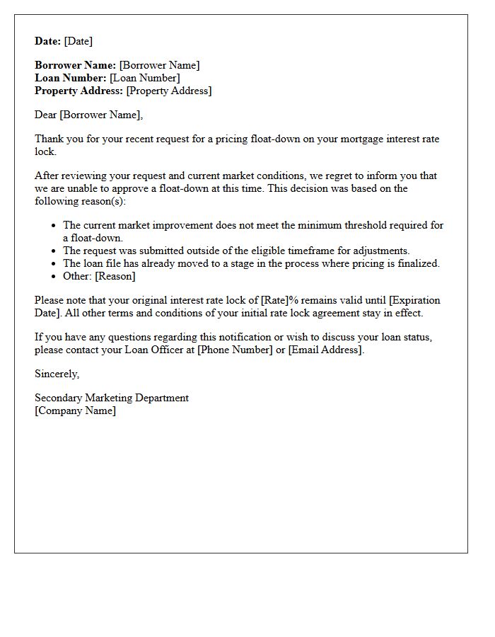 Secondary Market Pricing Float-Down Denial Letter
