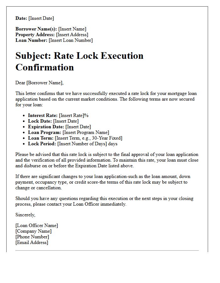 Borrower Rate Lock Execution Letter