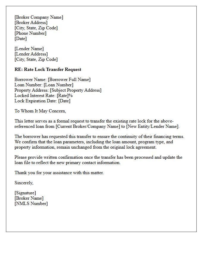 Broker to Lender Rate Lock Transfer Request Letter
